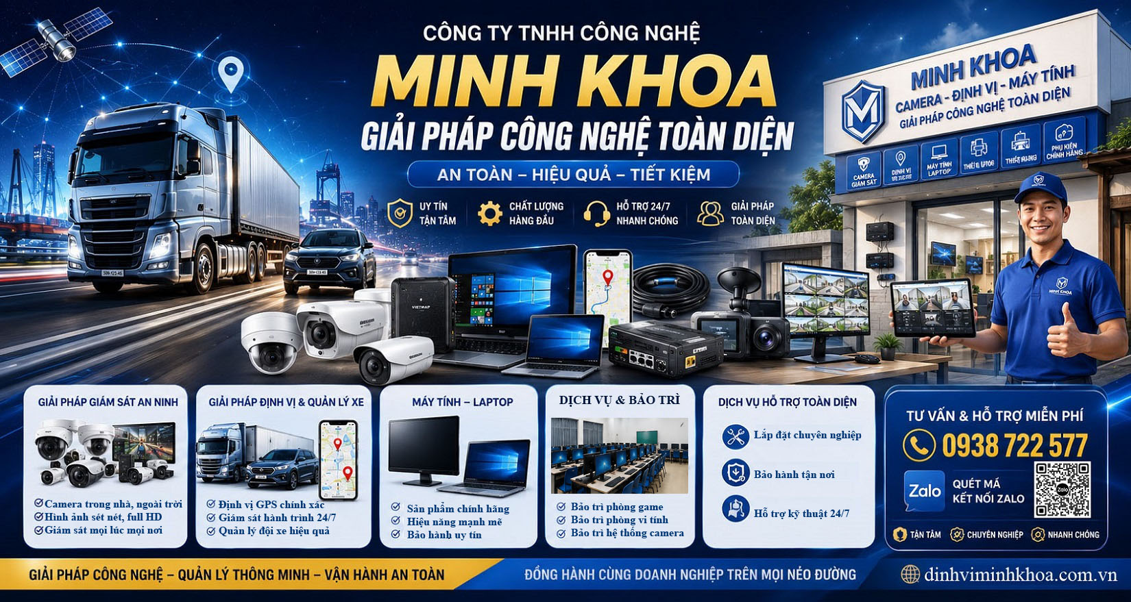 Minh Khoa Camera cung cấp dịch vụ lắp đặt camera giám sát, camera hành trình, thiết bị định vị GPS xe tải, xe đầu kéo, máy tính, thiết bị mạng và giải pháp công nghệ toàn diện tại Đồng Nai.